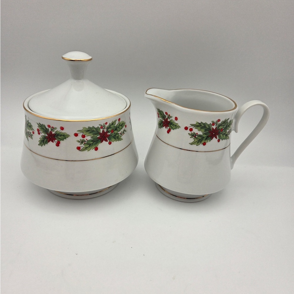 Vintage Lynns Fine China Cream and Sugar Set- Christmas Edition-goldtone trim